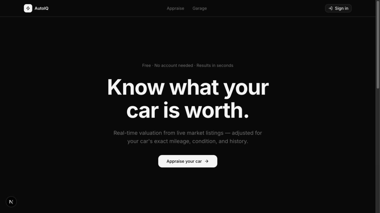 AutoIQ website showing its vehicle appraisal landing page
