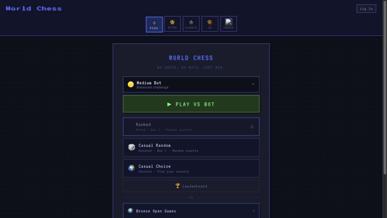 World Chess game client showing bot difficulty and multiplayer match options